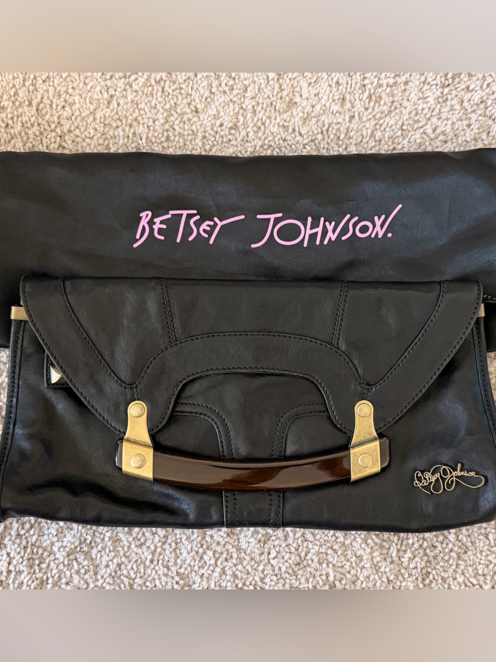 Betsey Johnson Black Leather Clutch with Tortoiseshell Handle & Gold Accents